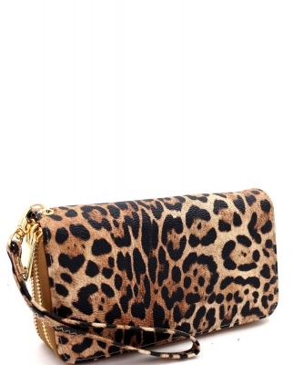 Leopard Double Zip Around Wallet Wristlet LE0012 Tan